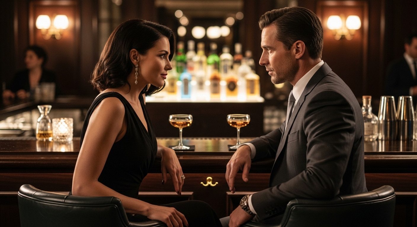 Sophisticated couple sitting at a high-end bar, showing magnetic tension to solve the passion paradox in marriage