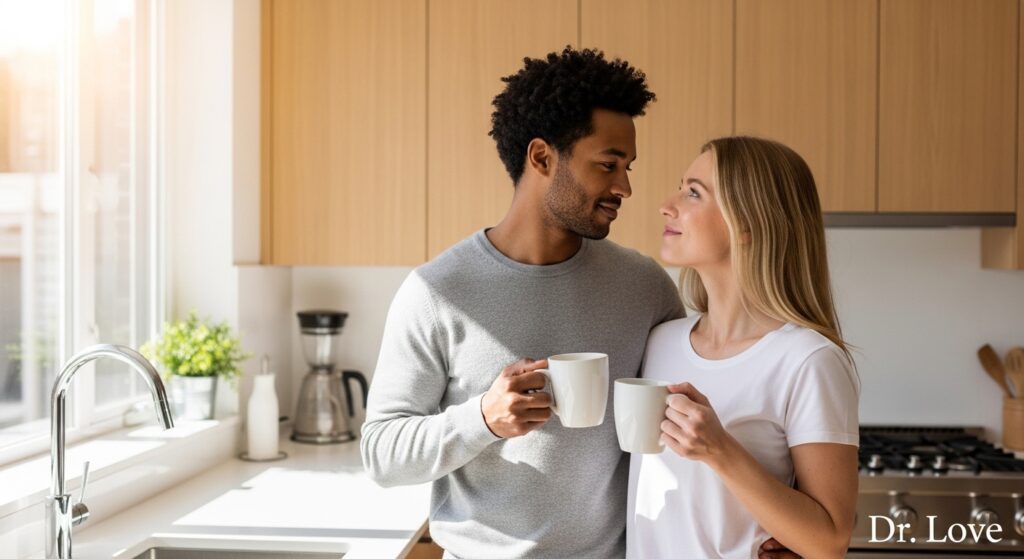 Diverse couple engaging in connection rituals for men at home
