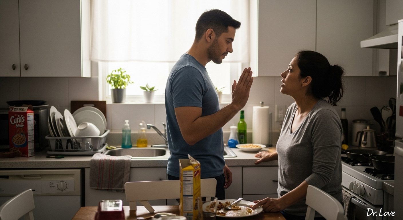 Man gently holding up a hand to call a 20-minute break during a kitchen argument