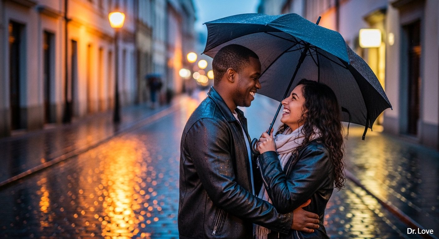 Couple laughing together while caught in a sudden downpour on a European street