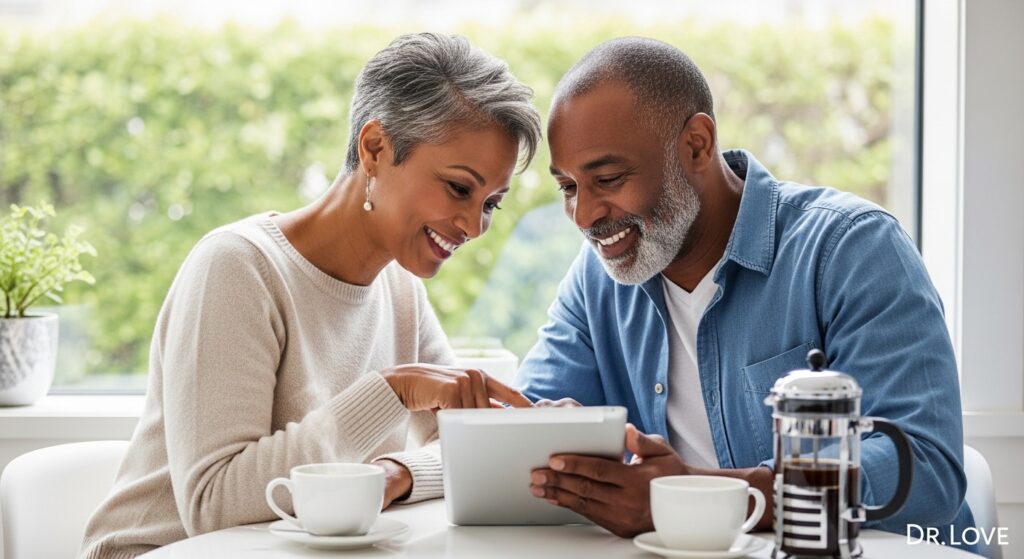 Couple reviewing a shared tablet to maintain relapse prevention in marriage