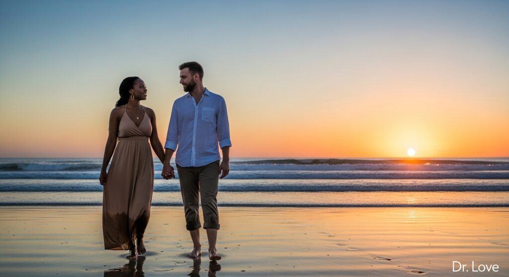 Couple engaged in an intimacy audit on a beach at sunrise