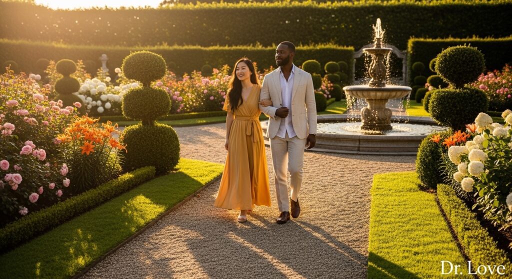 Stable couple walking in a beautiful estate garden, symbolizing successful relapse prevention in marriage
