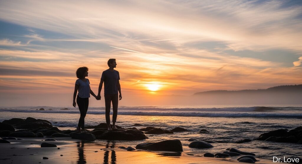 Couple standing on a quiet beach, symbolizing restored trust after betrayal