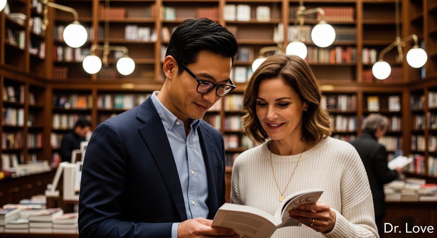 Couple at a local bookstore, browsing books on overcoming resentment in marriage