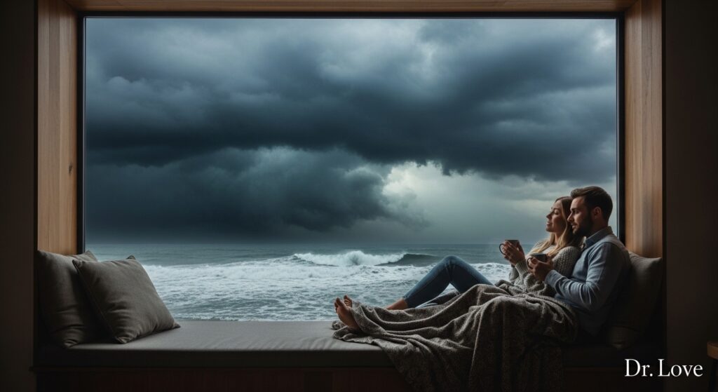 Couple feeling safe inside their home while watching a storm outside