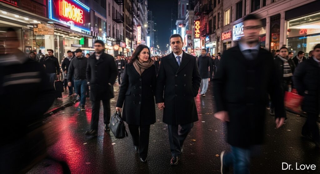 Middle Eastern couple holding hands in a busy city, symbolizing shared meaning in marriage