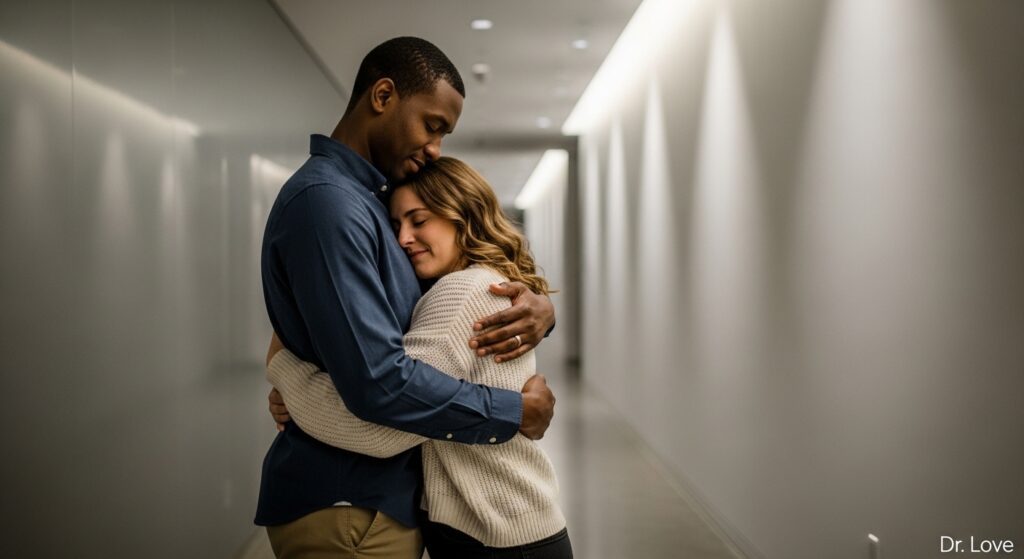 Man providing sensory anchoring through a supportive hug in a quiet hallway
