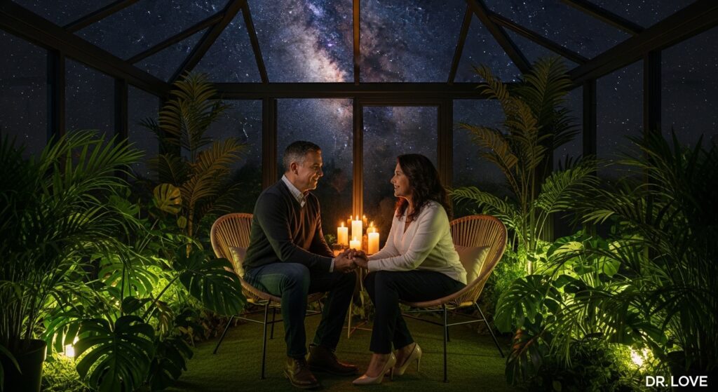 Couple sitting in a glass greenhouse at night, showing the result of shared meaning in marriage