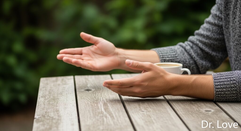 Man showing open, non-threatening body language during a difficult conversation
