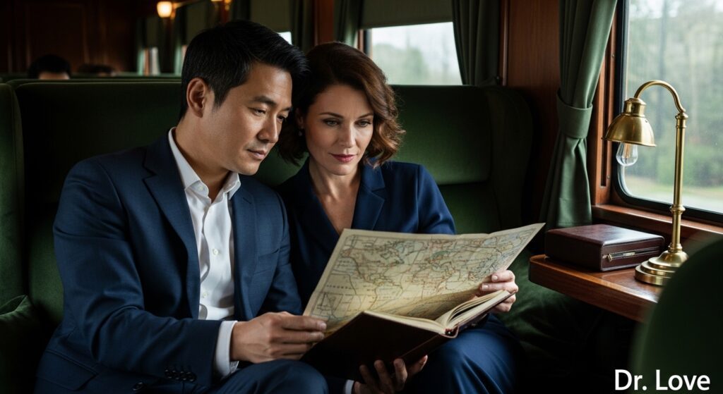 Couple in a vintage train car planning their future and shared meaning in marriage