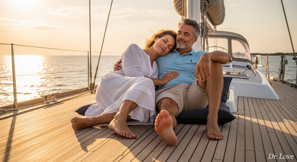 Couple relaxed and connected on a boat, representing restored physical intimacy