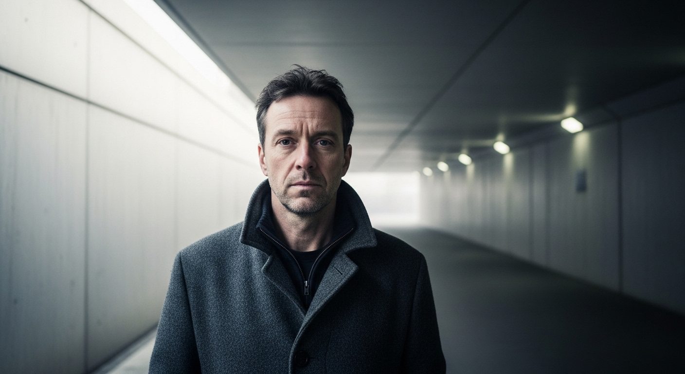 Man reflecting on trust after betrayal in a moody urban setting