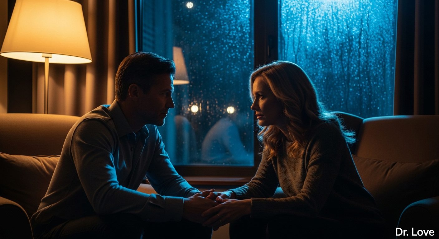 Couple in their 40s having a serious but calm talk near a rain-streaked window