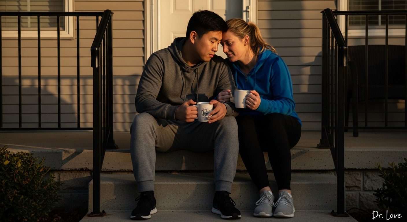 Exhausted but connected couple sitting on porch steps with coffee, doing a post-argument autopsy