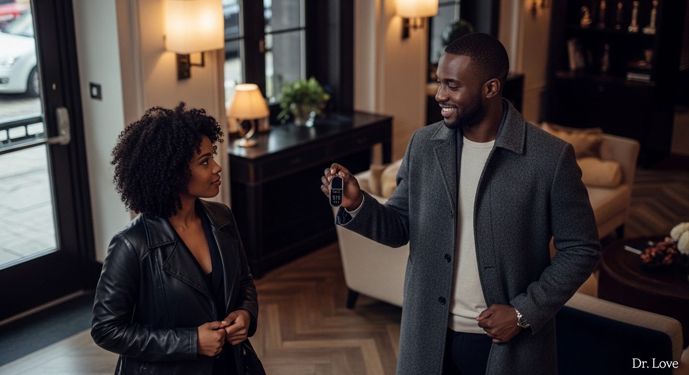 Couple meeting in a sophisticated hotel lobby, breaking the domestic routine to reignite passion