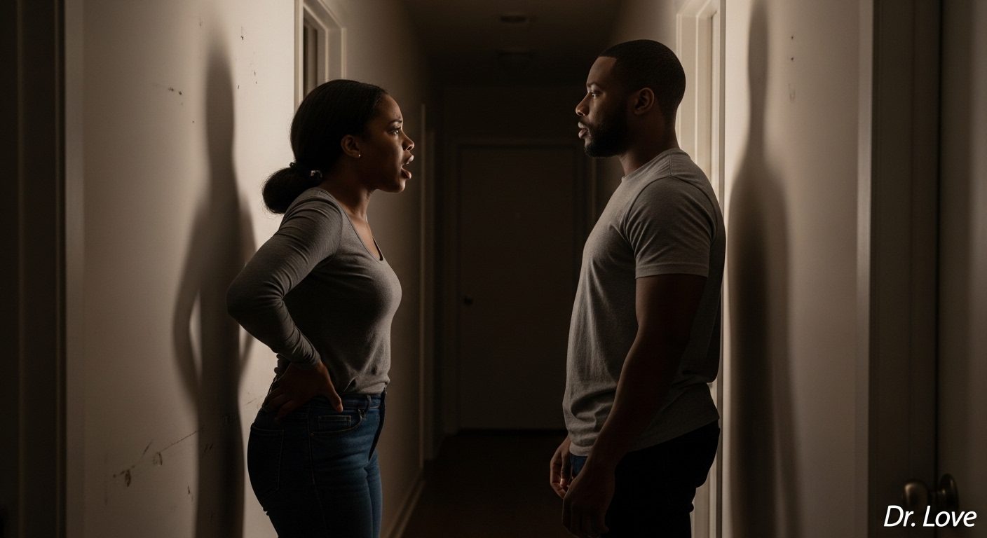 Couple standing in a dimly lit hallway during a tense argument, practicing de-escalation