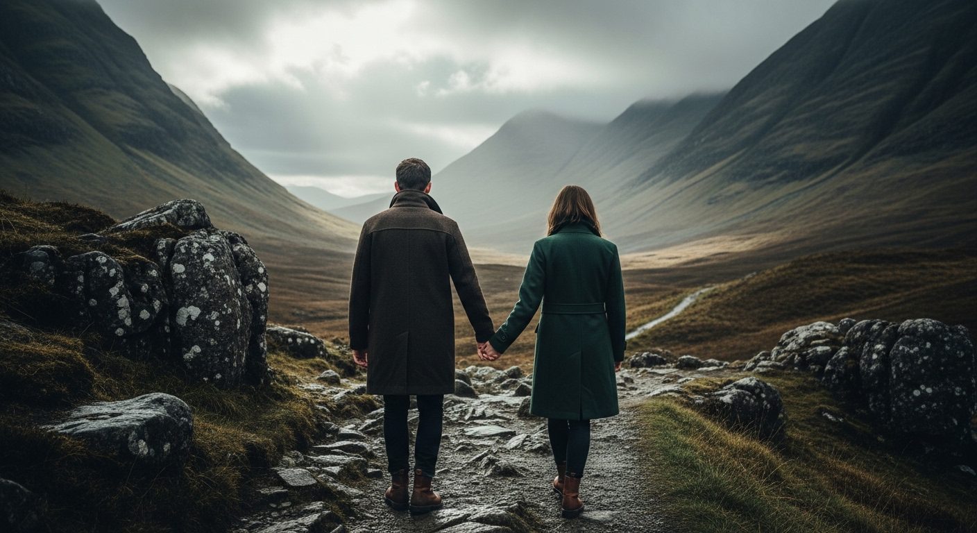 Couple holding hands while navigating a misty, beautiful mountain pass, symbolizing an antifragile marriage