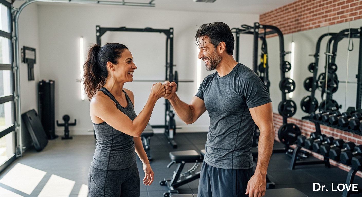 Strong couple training together in a garage gym, symbolizing the outcome of overcoming resentment
