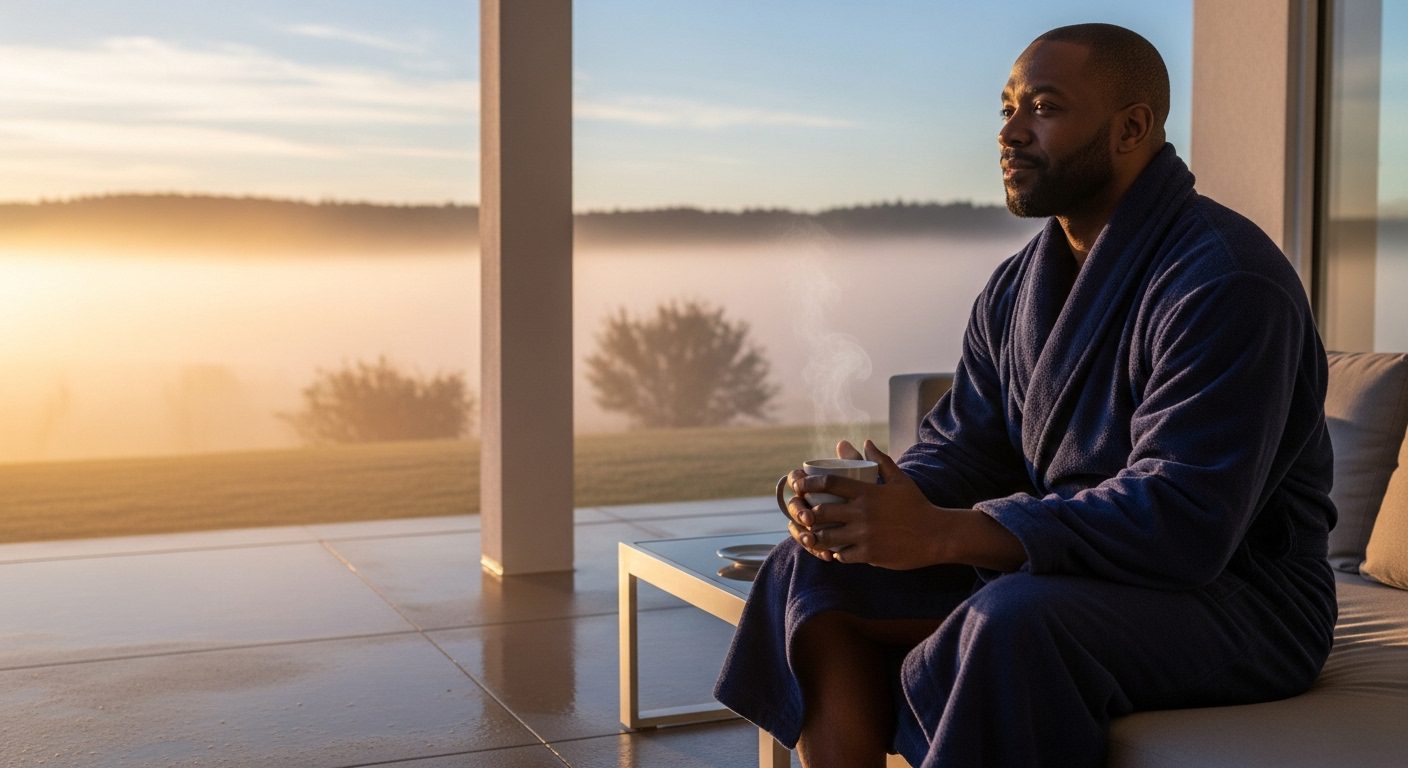 Man sitting on a quiet patio at dawn, reflecting on overcoming resentment in marriage