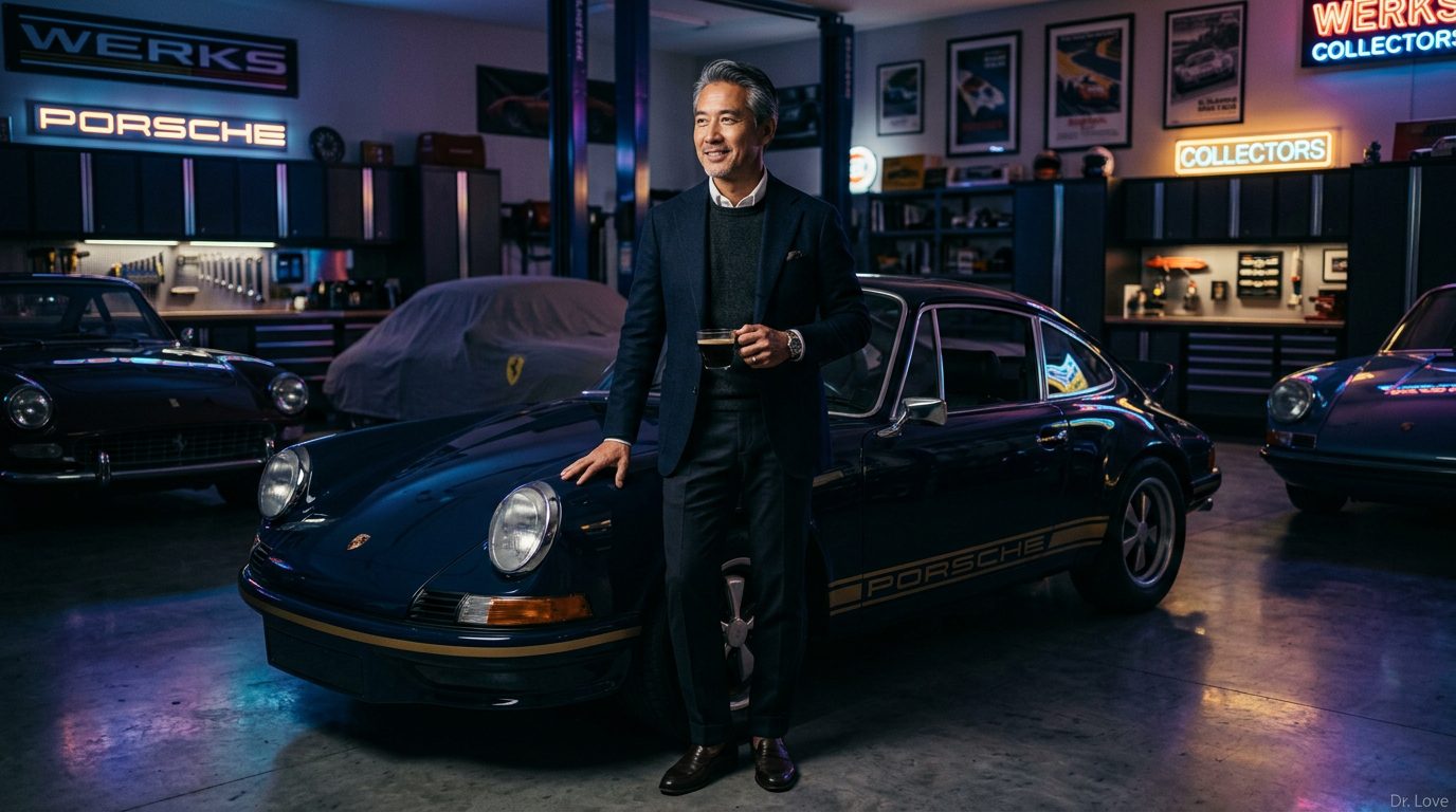 Confident Asian executive standing by a vintage classic car in a luxury garage, reclaiming his personal identity