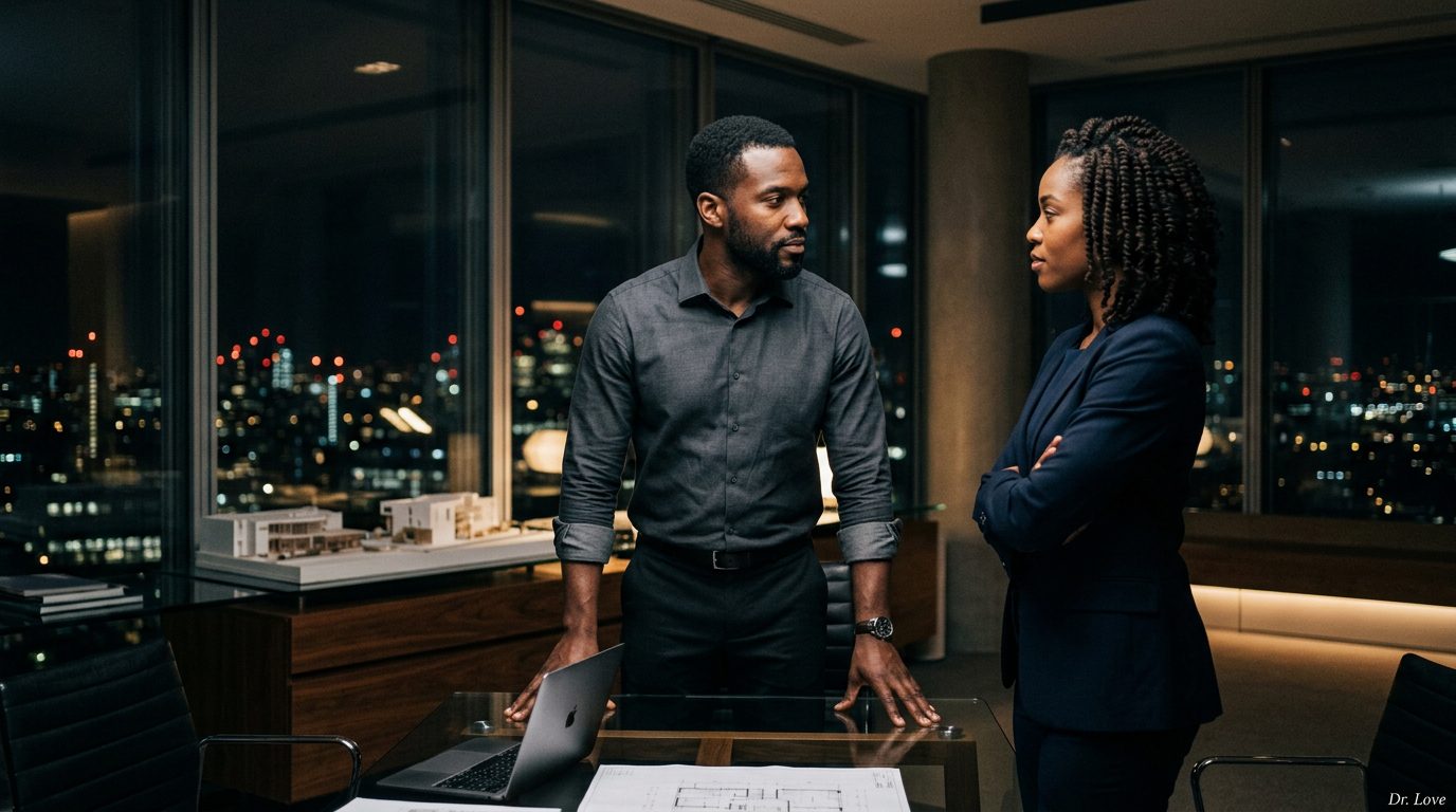 Assertive man confronting passive-aggressive behavior with calm, direct eye contact in a modern architectural office