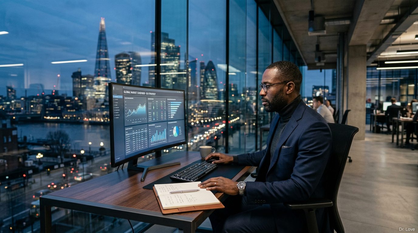 Focused Black executive working intensely in a modern glass office, protecting his time and boundaries
