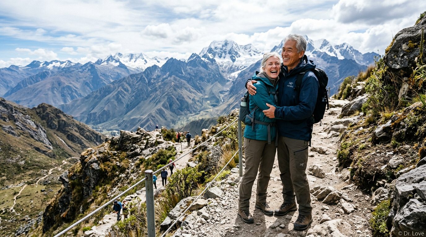Mature couple embracing powerfully on a hiking trail, representing the Empty Nest identity disruption