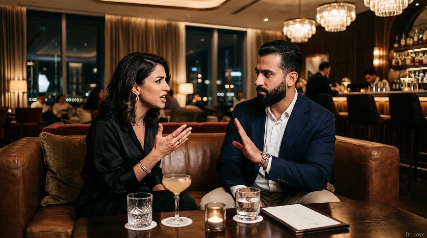 Assertive Middle Eastern man raising a hand slightly to pause a conversation, establishing a verbal shield against disrespect
