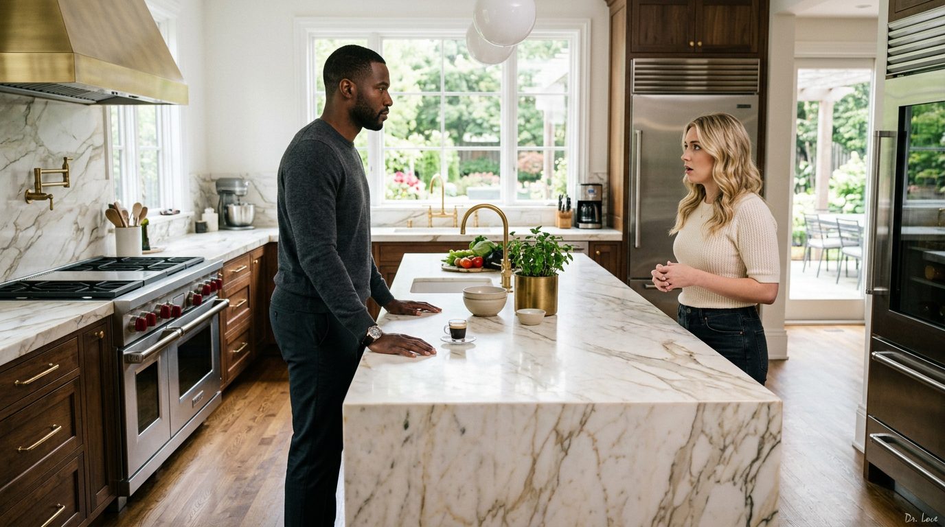 Confident man holding his ground during a tense but calm conversation with his wife in a high-end kitchen