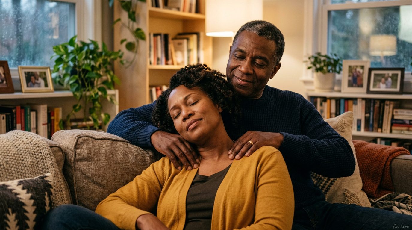 Mature man gently massaging his wife's shoulders in a calm, pressure-free environment