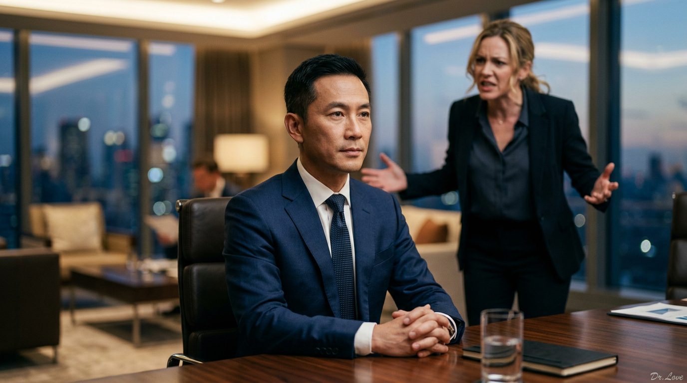 Immovable Asian executive maintaining absolute calm while his partner shows emotional volatility in the blurred background
