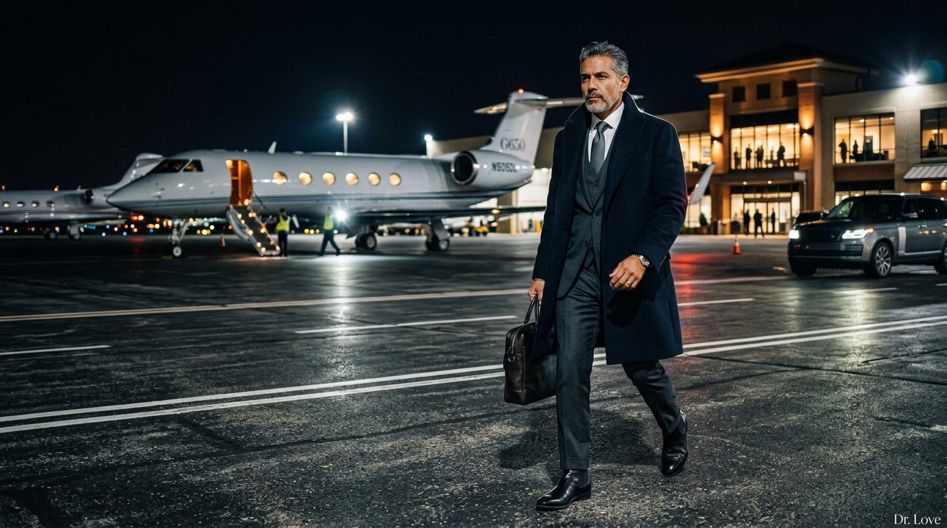 Sophisticated Hispanic man walking through a private executive airport terminal, demonstrating sovereignty and independence