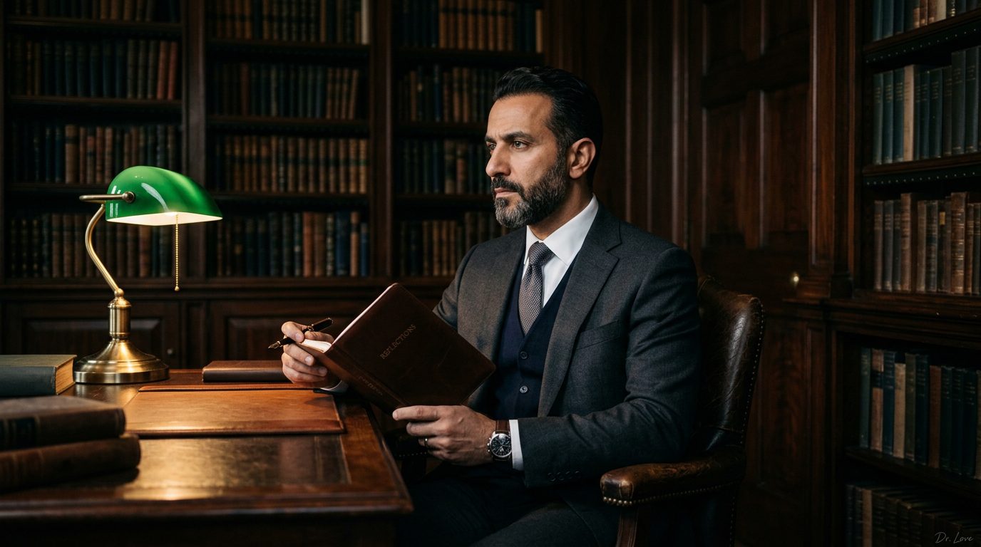 Middle Eastern man in a dark, sophisticated study holding a journal, actively auditing his covert contracts