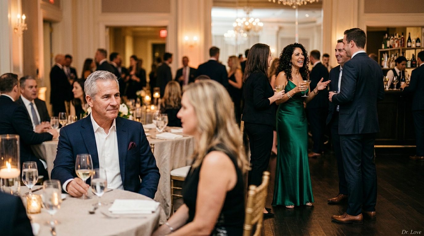 Man observing his wife from across a room as she confidently engages with others at an event