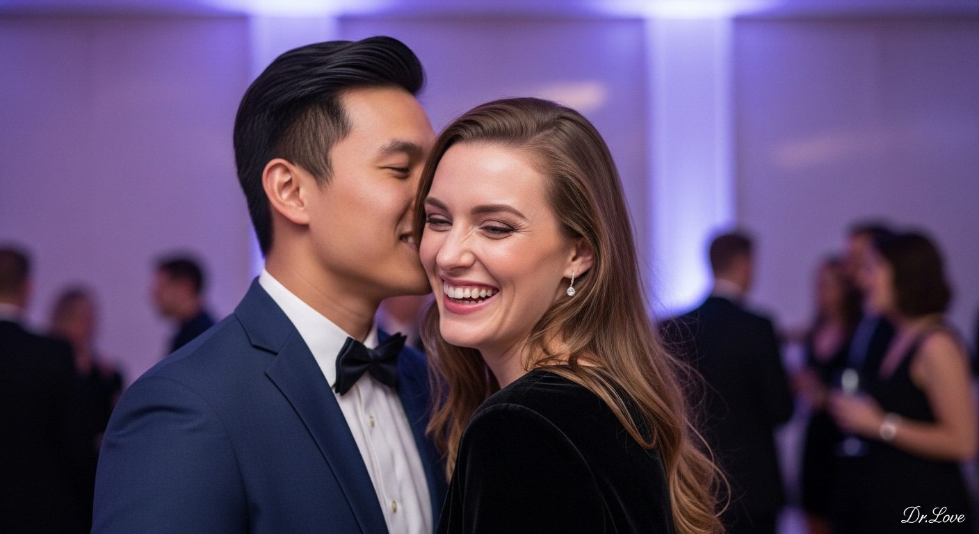Couple sharing an intense, private moment of eye contact in the middle of a crowded social event