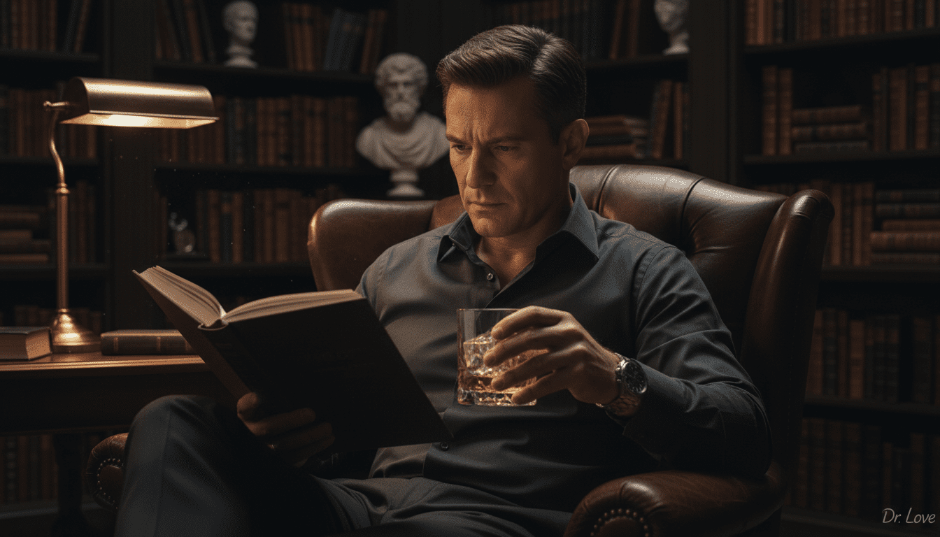 Sophisticated man reading a book in a high-end lounge, representing the study of erotic intelligence in marriage