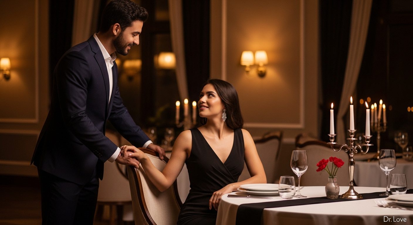 Man pulling out a chair for his elegantly dressed wife at a fine dining restaurant