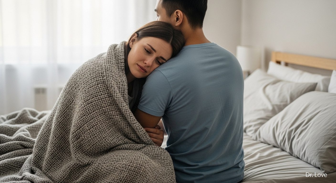 Man wrapping a blanket around his wife and holding her non-sexually after an emotional trigger