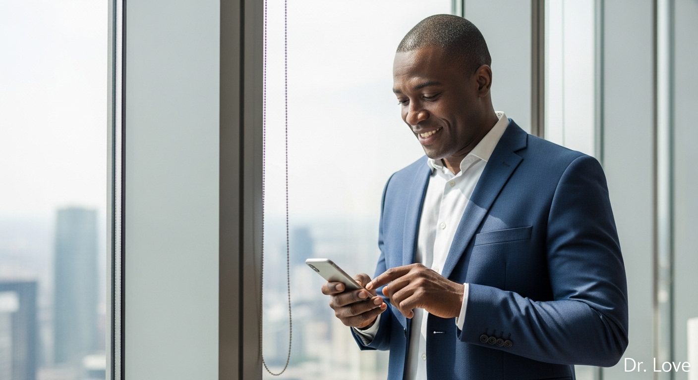 Executive man smiling at his phone in a corporate setting, sending a micro-bid to his wife