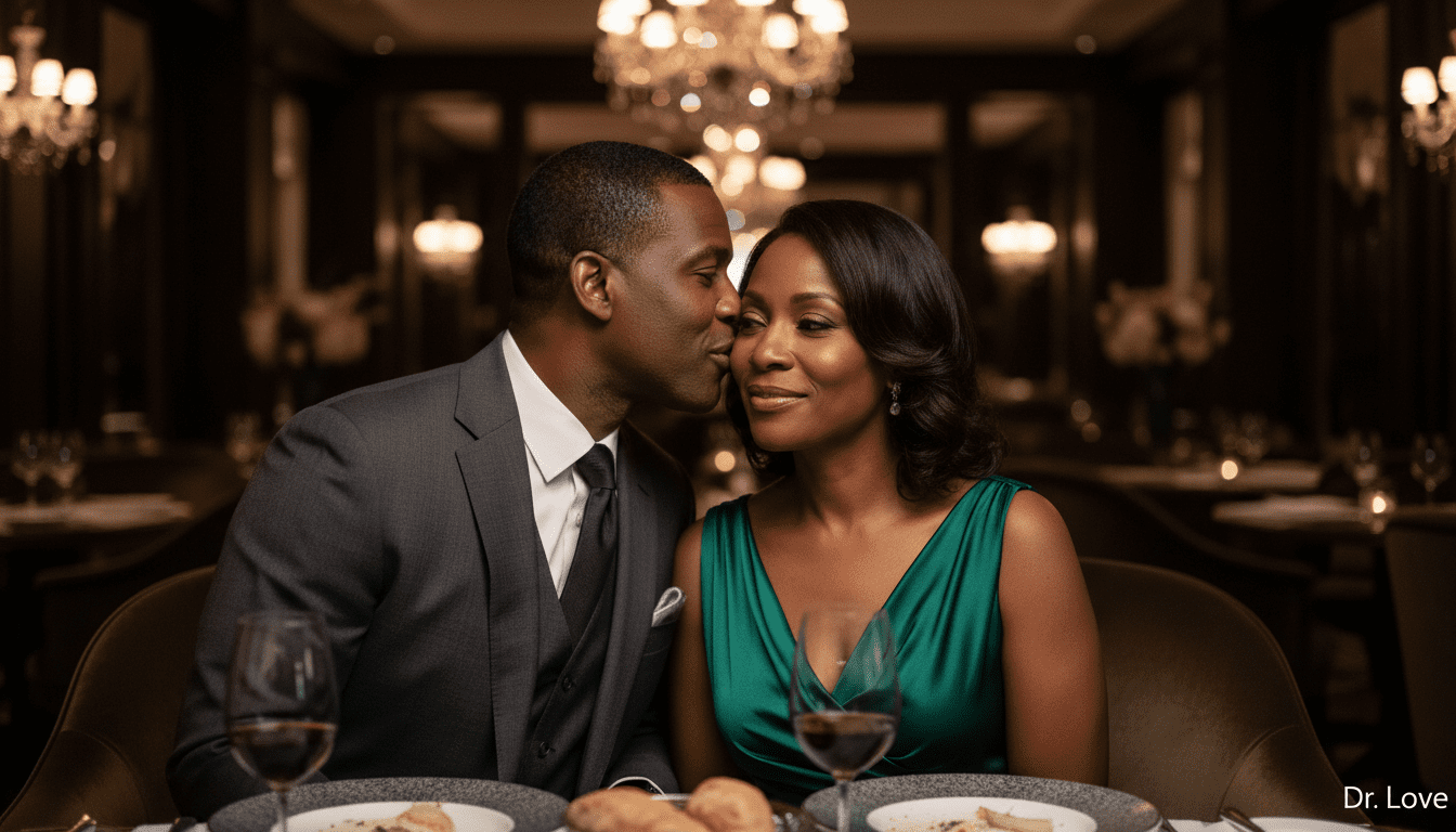 Couple at a high-end culinary experience, man whispering to his partner to build erotic intelligence