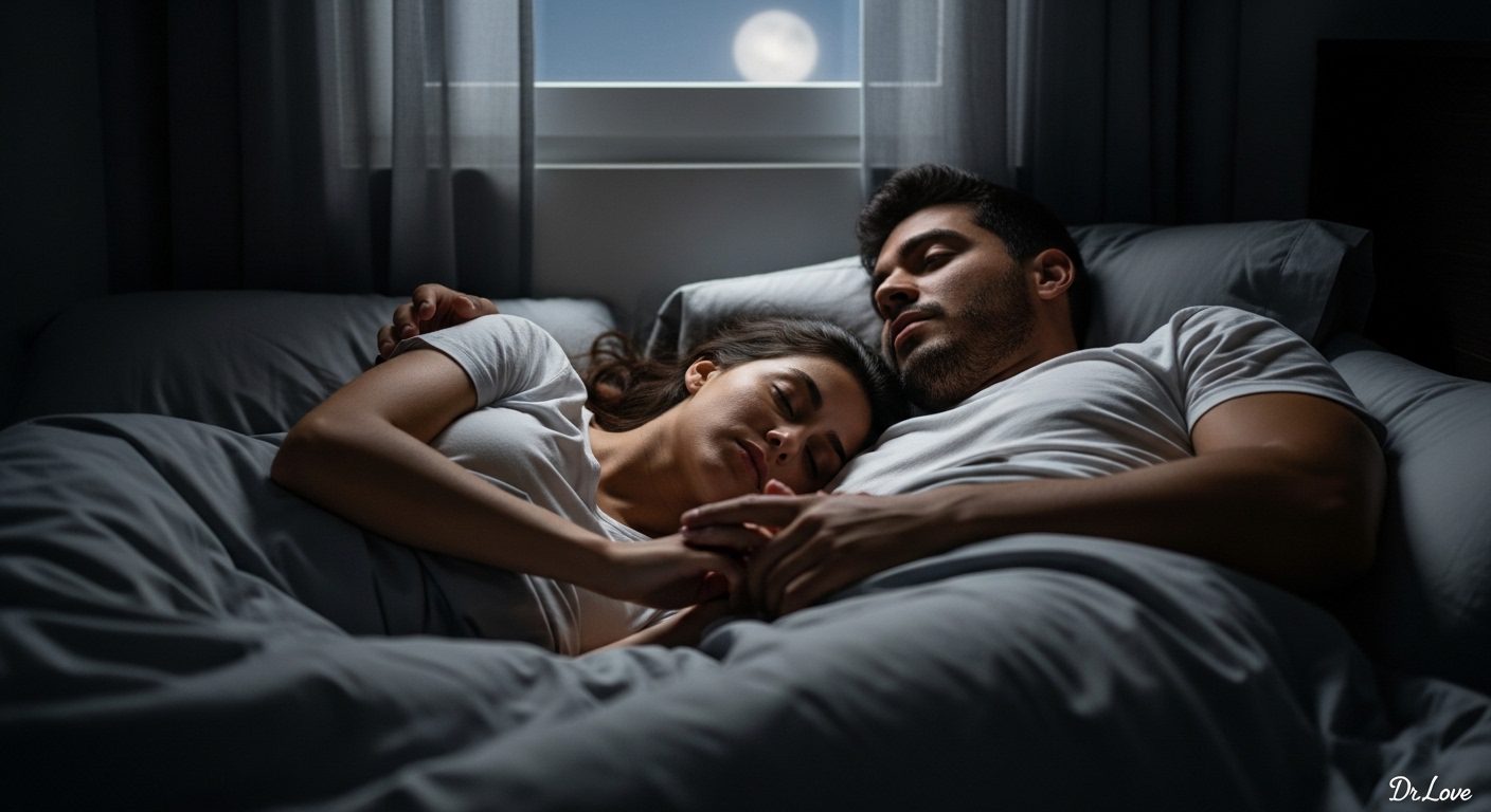 Man gently holding his wife's hand as they lie awake, focusing on breathing to co-regulate their nervous systems