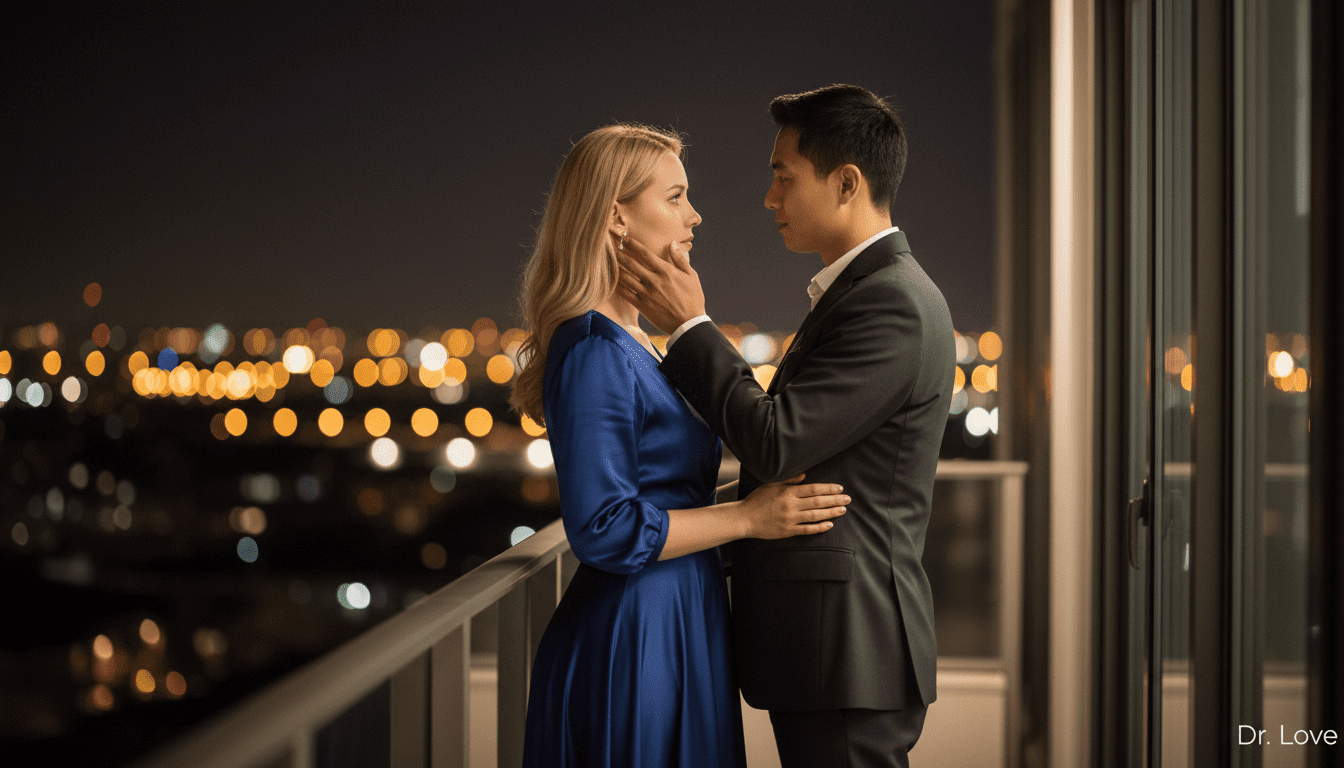 Stylish couple on a private balcony at night, looking deeply connected and highly attuned