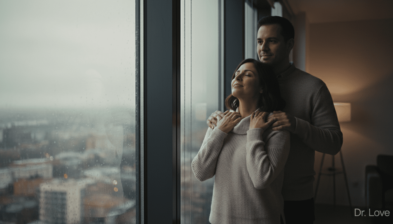 Man gently touching his wife's shoulder as they look out a rainy window, showing non-demand physical touch