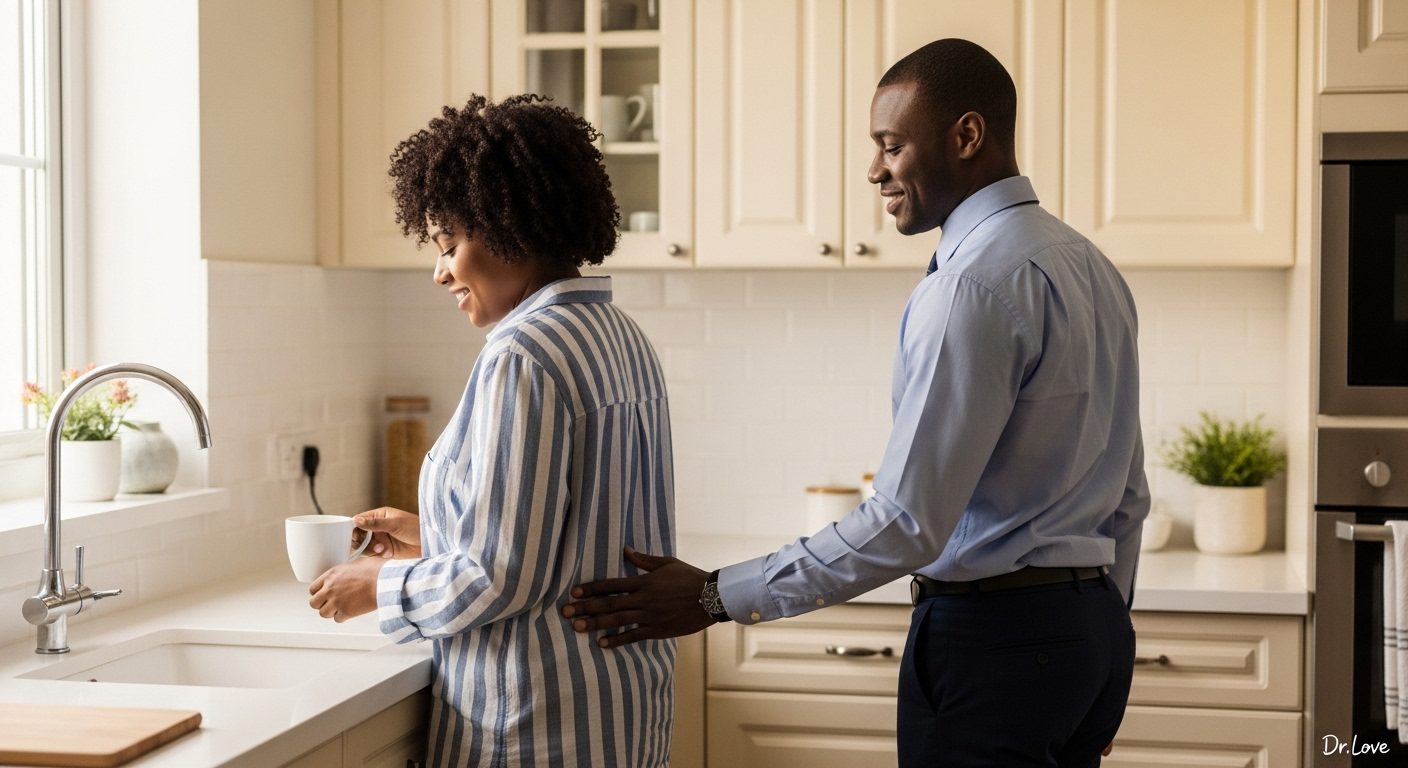 Man gently touching his wife's back as he walks past her in the kitchen to rebuild physical trust