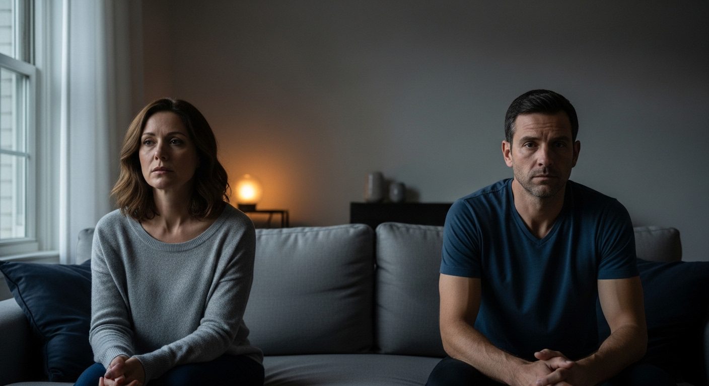 Couple sitting on opposite ends of a couch, looking contemplative, representing the challenge of intimacy after crisis in marriage