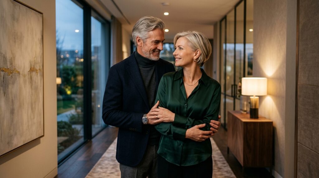 Mature, sophisticated couple standing closely together, illustrating long-term desire in marriage and deep romantic connection