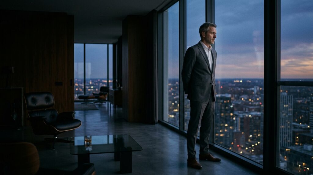 Solitary, successful executive looking out the window of a modern architectural space, realizing his wealth hasn't bought genuine intimacy in his transactional marriage
