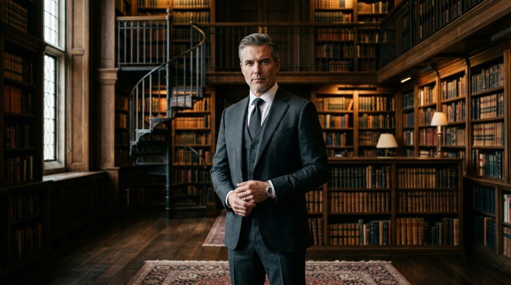 Confident, sovereign man standing in a high-end corporate library, setting firm boundaries in his marriage and life