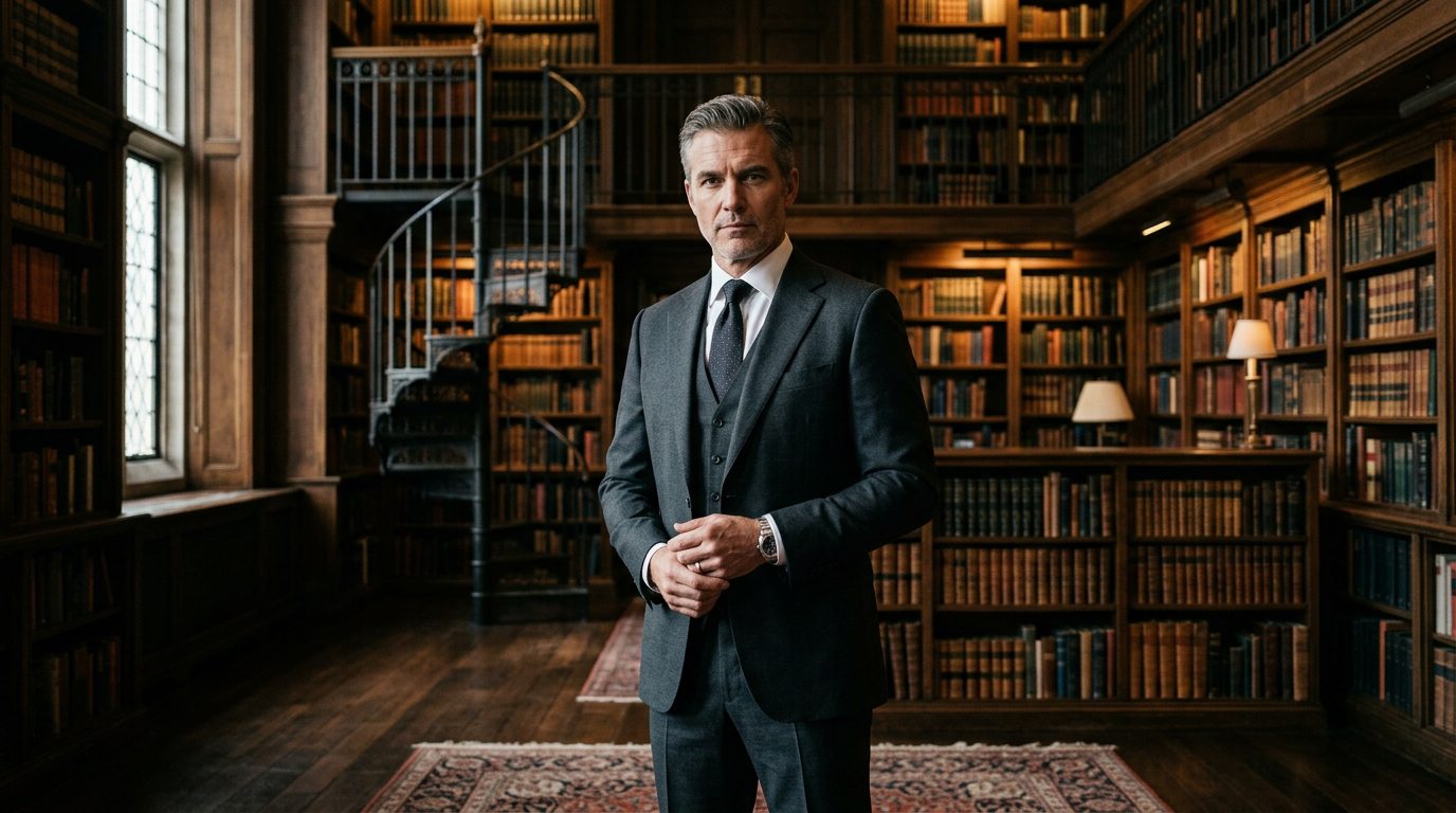 Confident, sovereign man standing in a high-end corporate library, setting firm boundaries in his marriage and life